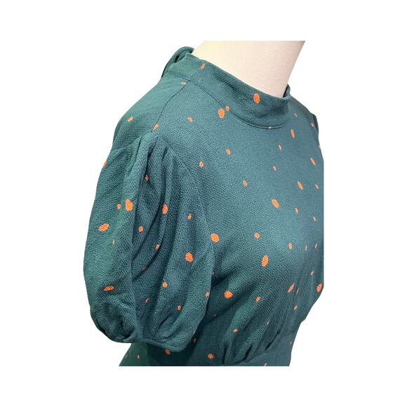 Free People Green Polka Dot Fit & Flare Mini Dress Size 6 Open Back Puff Sleeve - Picture 8 of 8